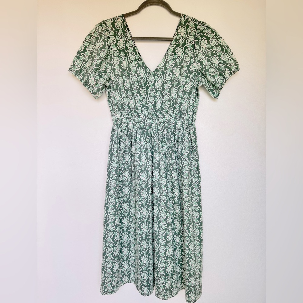 J. Crew Green and White Smocked Waist Poplin Midi Dress- Size 8